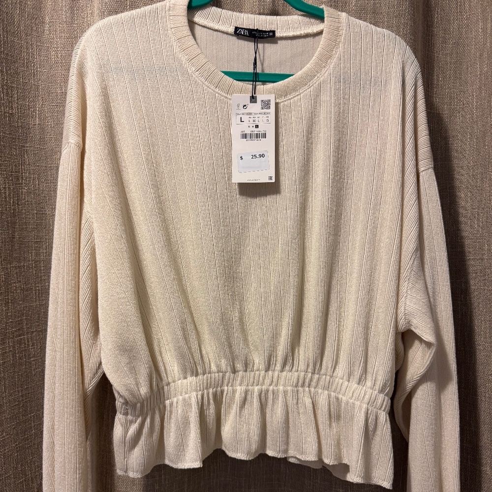 Zara | NWT Zara Cream Color Ribbed Knit Sweater with Cinched Waist | Size L